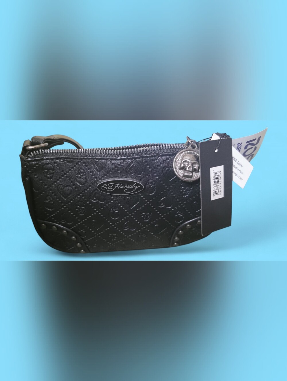 Ed Hardy Black Embossed Leather Wristlet with Skull Charm